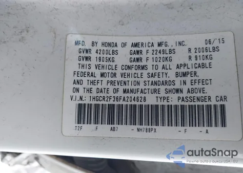 2015 Honda Accord Lx z USA, uszkodzony, nr VIN 1HGCR2F36FA204628